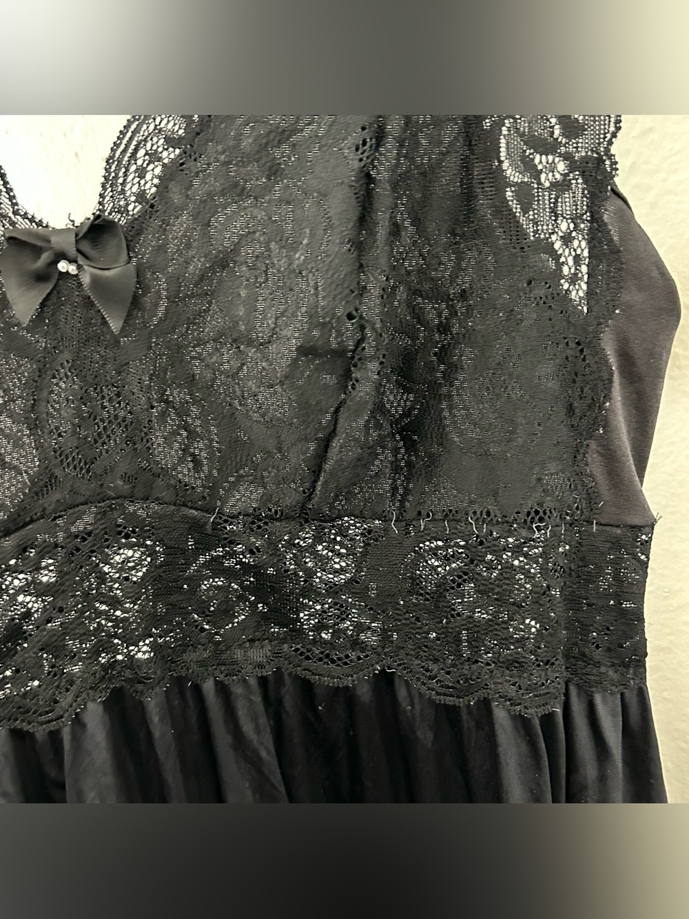 Vintage Shadowline Long Nightgown Lace Bodice Empire Nylon Intimate Size M Black - Picture 4 of 9